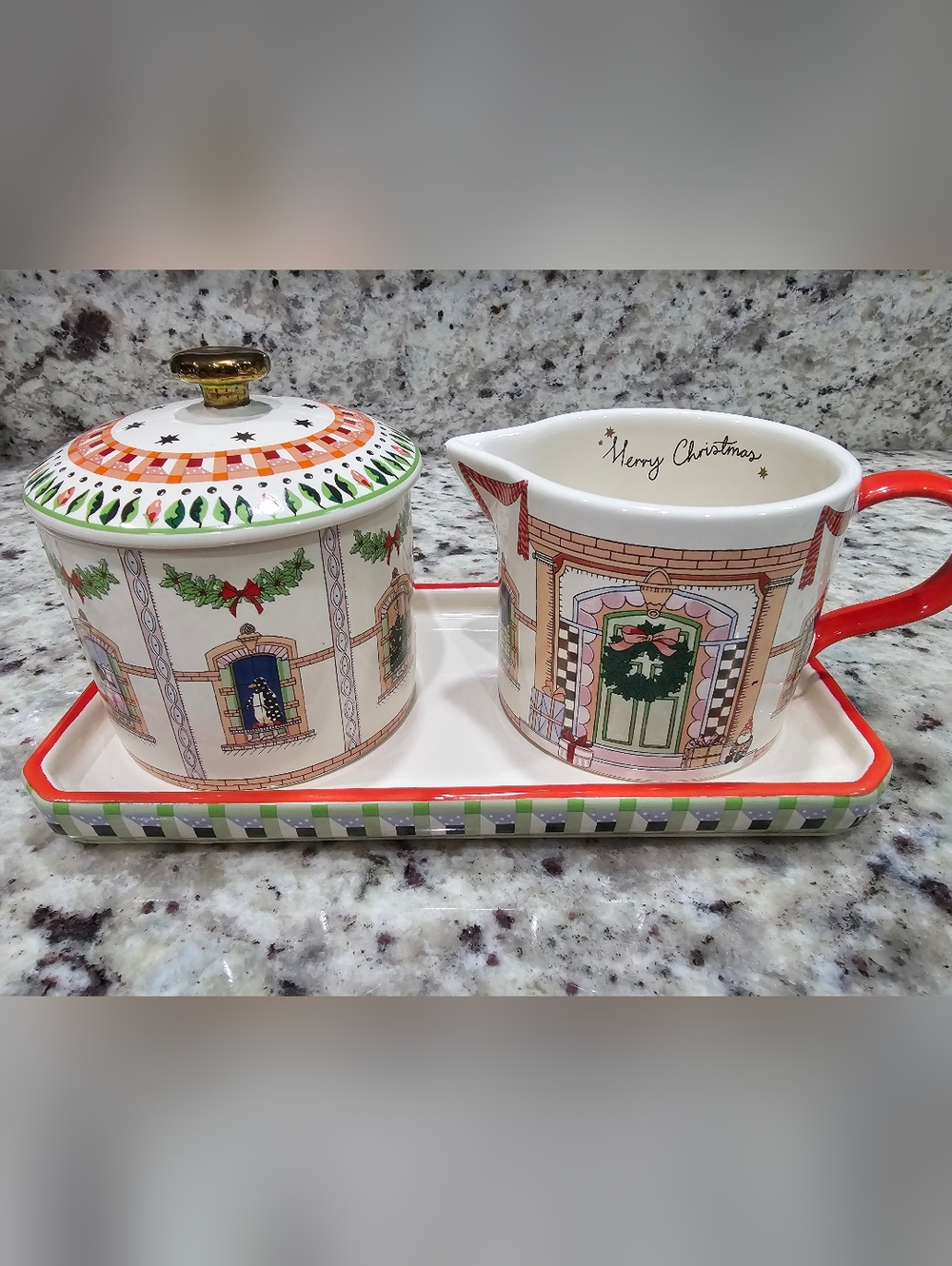 Cath Kidston Christmas Dolls House Creamer & Sugar Tray Set-Spice Village Theme
